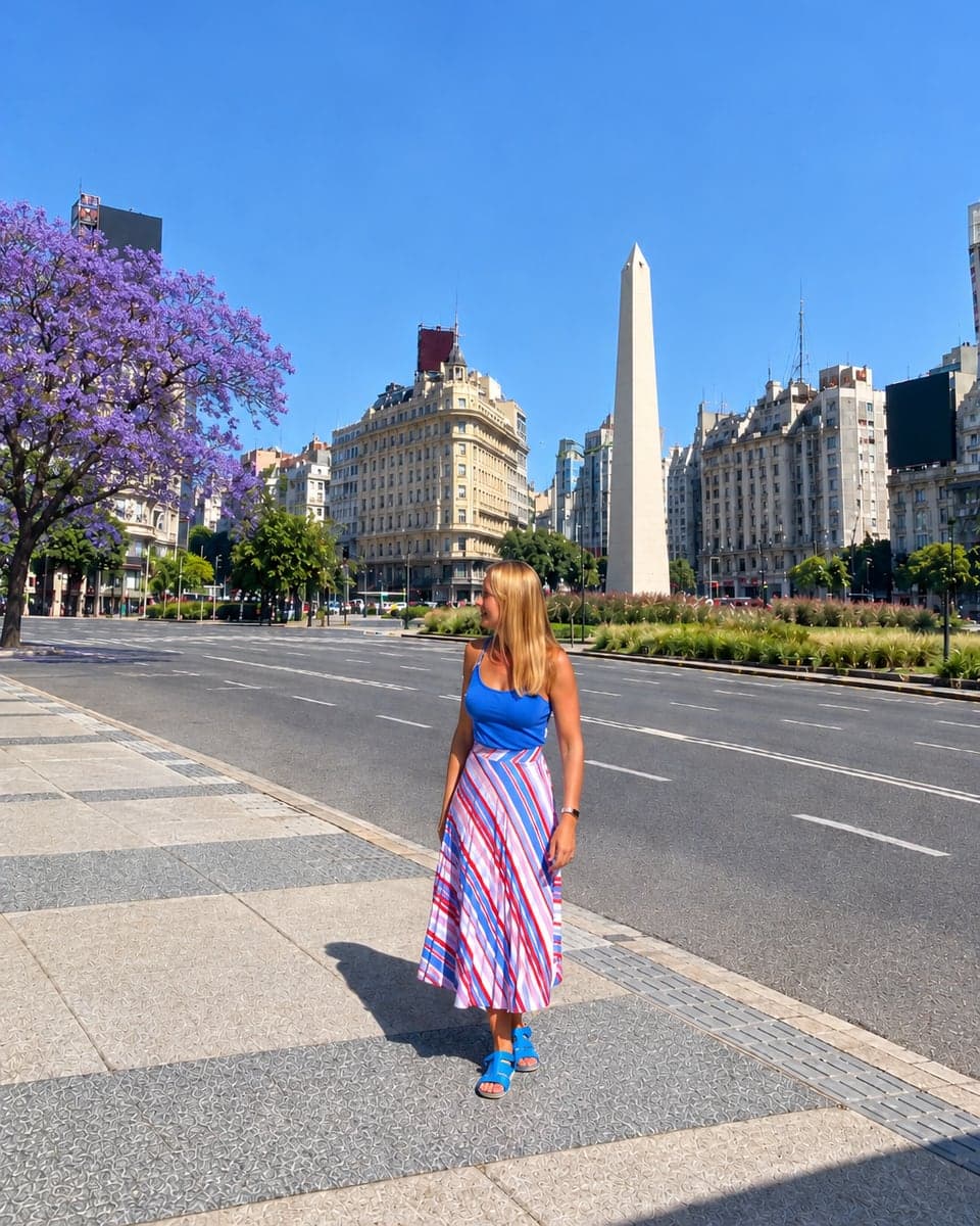 Sole devant l'Obélisque de Buenos Aires, à côté d'un jacaranda en fleurs